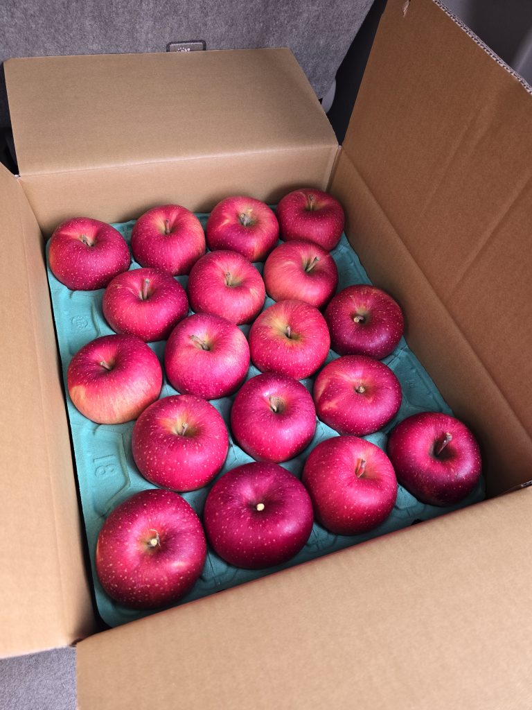 お弁当屋と八百屋さんを経営されているご夫婦より寄付をして頂きました【りんご１箱】を子ども食堂をされている「おかや食堂」さんにお届けさせていただきました。